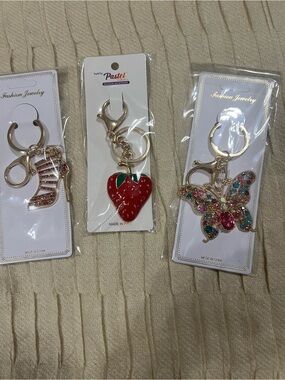 3 Bundle Key Chain or Bag Charm NWT Strawberry, Butterfly, High Heel.